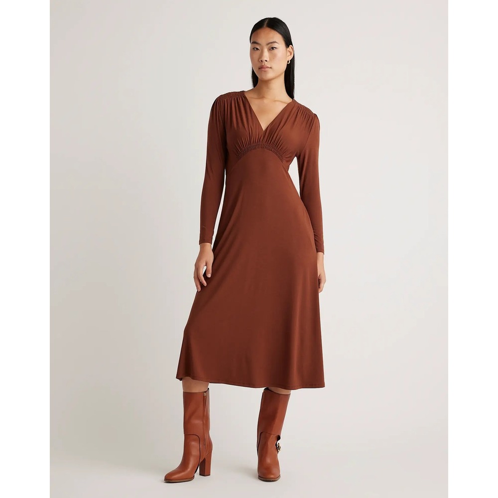 Quince Tencel Jersey Midi Dress Women Size L Brown V-Neck Long Sleeve Smocked